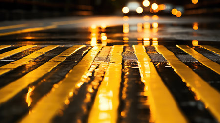 wet yellow road linesの素材