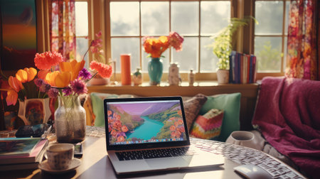 desk home office with laptopの素材