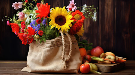 rustic grocery bag on tableの素材