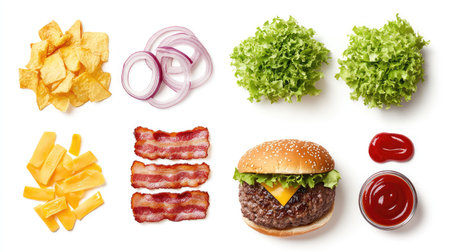 decstructed bacon burger on whiteの素材
