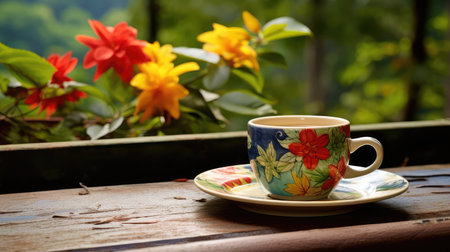 photogrph coffee cup on a tableの素材