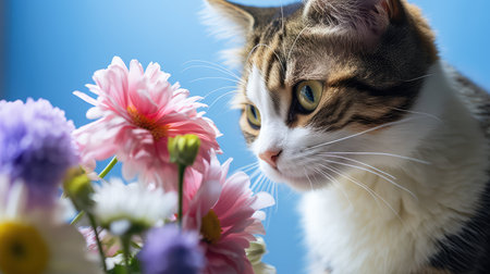 flowers cat blue backgroundの素材