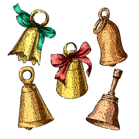 gold bell set sketch hand drawn vectorのイラスト素材