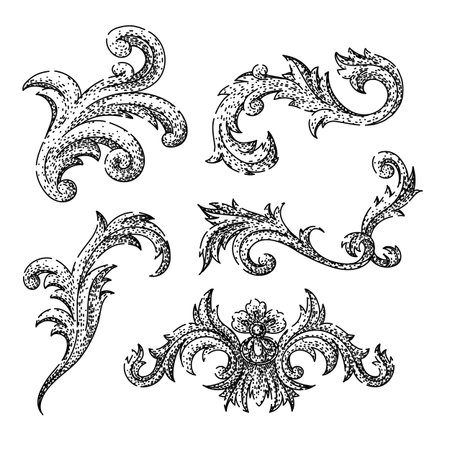 baroque victorian border set sketch hand drawn blackのイラスト素材