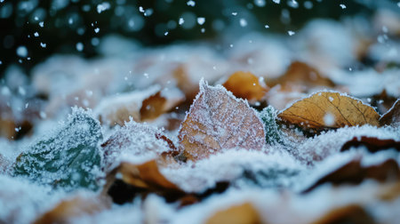 realistic snow on leavesの素材