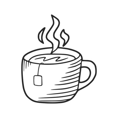Steaming cup of tea with teabag, hand drawn illustrationのイラスト素材