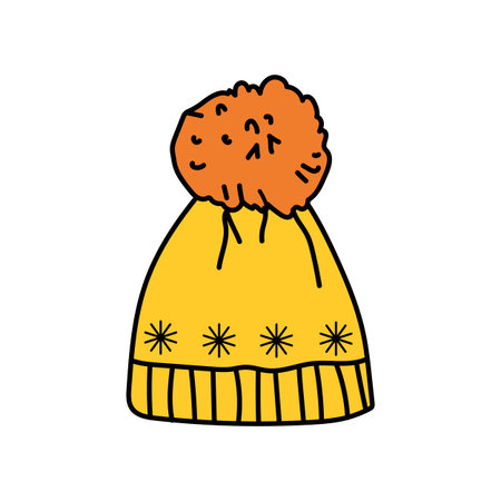 Yellow winter beanie with orange pompom and snowflakes decorationのイラスト素材