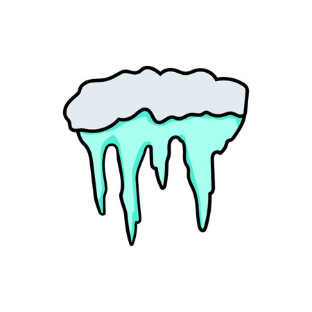 Melting icicles hanging from snowy roof in cartoon styleのイラスト素材