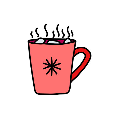 Steaming pink mug with marshmallows and snowflake design warming up for winterのイラスト素材