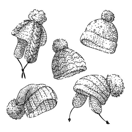 winter hat set sketch hand drawn vectorのイラスト素材