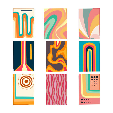 Abstract backgrounds featuring vibrant, wavy lines, organic shapes, and geometric patterns, creating...