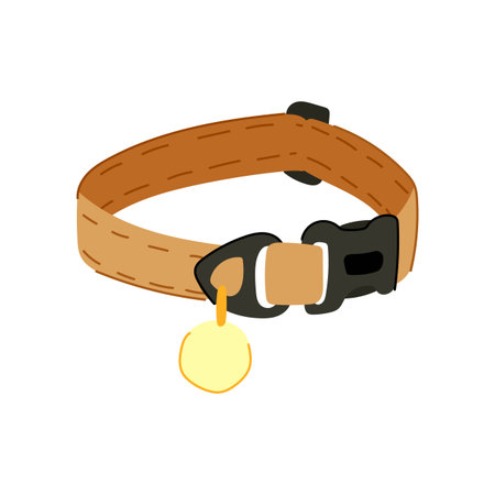 Pet collar featuring a brown strap, black quick release buckle, and an attached plain yellow identification tag, representing animal ownership, safety, and pet accessoriesのイラスト素材