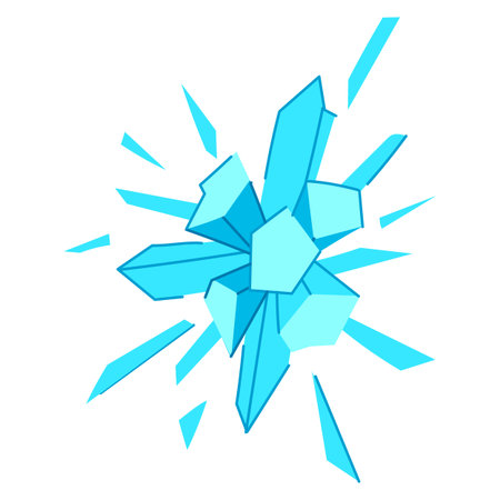 Abstract illustration showing a dynamic explosion of blue ice shards and geometric crystal shapes bursting outwards, creating a powerful freezing effect with frozen elementsのイラスト素材