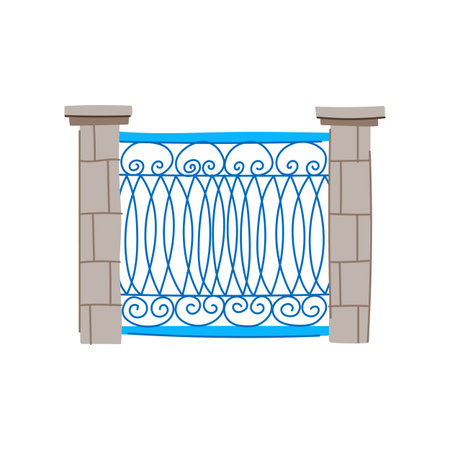 Blue decorative metal fence section featuring ornate scroll patterns and elegant oval shapes, positioned between two solid stone pillars providing a classic architectural boundary elementのイラスト素材
