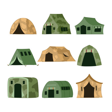Various designs of outdoor shelters for army, emergency, survival, and adventure activities, depicting portable structures suitable for soldiers, travelers, and campers in different environmentsのイラスト素材