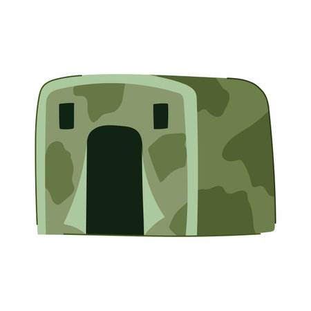 Army tent in camouflage pattern offering temporary shelter and command post functionality for field operations, survival, training or emergency housing during military campaignsのイラスト素材
