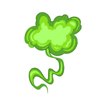 Green cartoon cloud with a swirling tail representing toxic smoke, foul odor or hazardous gas, symbolizing pollution, chemical fumes, air contamination and health riskのイラスト素材