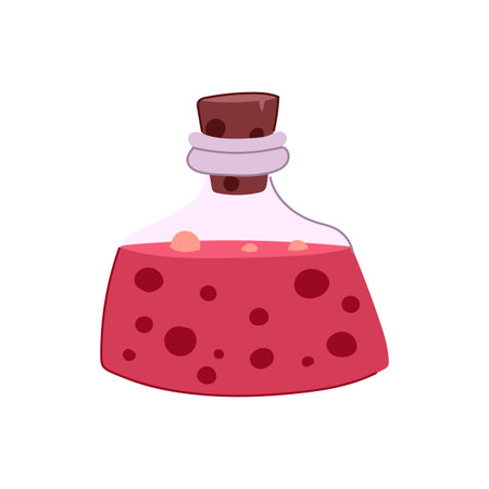 Drawing a graphic illustration of a red liquid potion bottle containing a mysterious bubbling fluid, capped with a cork, conveying concepts of magic, alchemy, and fantasyのイラスト素材