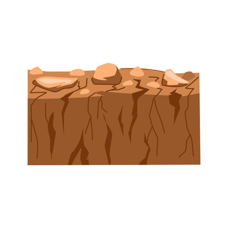 Earth cross section showing layered soil, topsoil with rocks and cracked parched surface illustrating drought, erosion, arid terrain, bedrock and environmental degradation conceptsのイラスト素材
