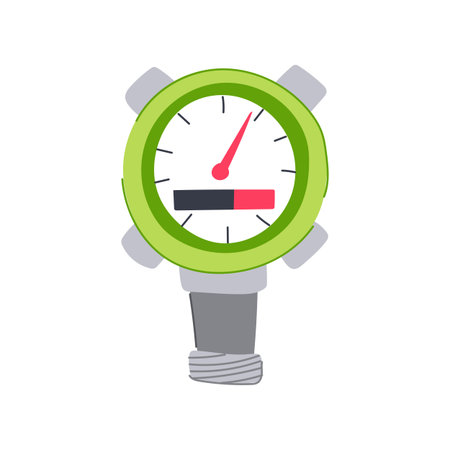 Water meter illustration with a green dial, red indicator needle, and a bar gauge displaying a high usage level, representing monitoring utilities and resource managementのイラスト素材