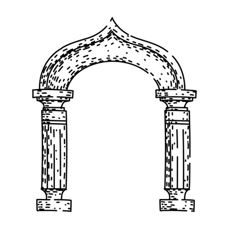 Ancient arch illustration presenting a historical architectural element with an ornate arched top resting on classic pillars, symbolizing an entrance or gateway in a vintage hand drawn styleのイラスト素材