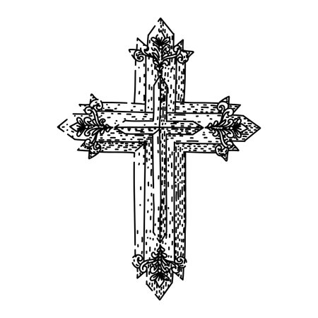 Stylized decorative cross design featuring intricate details and texture, embodying concepts of christianity, belief, worship, and devotion in a black and white illustrationのイラスト素材