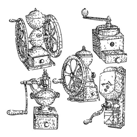 Collection of antique manual coffee grinders presented in a retro engraving style, depicting various designs used for preparing fresh coffee beans with traditional methodsのイラスト素材