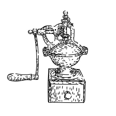 Vintage hand crank coffee grinder with wooden base and metal crank, evoking rustic, manual brewing and classic charm for aromatic fresh beans in a cozy morning kitchen settingのイラスト素材