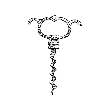 Vintage corkscrew illustration in detailed black and white line art, depicting a classic wine opener and celebratory barware motif for rustic, antique themed beverage designのイラスト素材