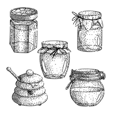 Various honey jars and a traditional beehive shaped pot with a dipper, depicting different rustic and vintage container styles for sweet natural products in a detailed outline sketchのイラスト素材