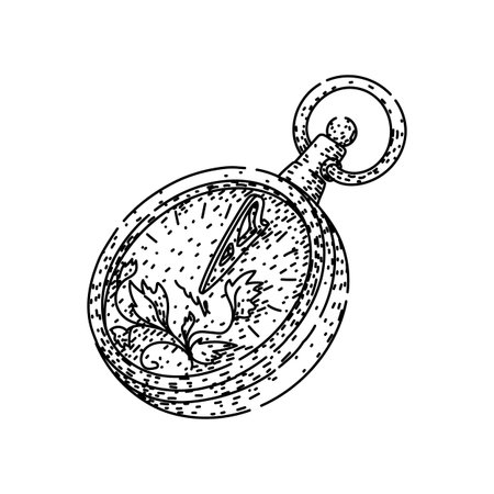 Detailed line art illustration depicting a classic compact portable sundial, used for measuring time based on the sun's position and shadow, embodying historical navigationのイラスト素材