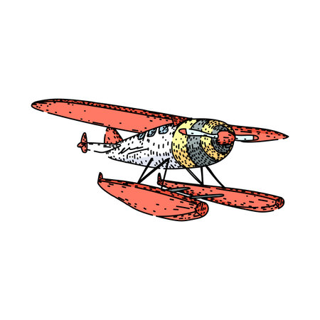 Vintage hand drawn seaplane cartoon illustration showing a classic floatplane in flight over water,...