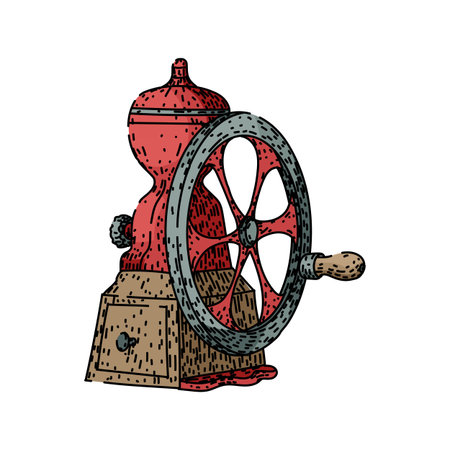 Manual coffee grinder featuring a classic hand cranked wheel for grinding fresh coffee beans, representing traditional preparation methods and vintage kitchen equipmentのイラスト素材