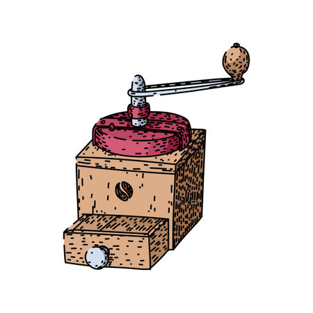 Hand drawn vintage coffee grinder illustration featuring a wooden box, red top, and crank, representing morning rituals, fresh beverage preparation, and traditional kitchen equipmentのイラスト素材