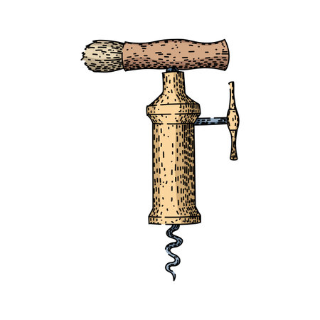 Detailed old fashioned corkscrew illustration featuring a brass body and wooden handle, depicting a classic tool for opening wine bottles with an elegant, traditional designのイラスト素材