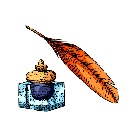 Feather quill pen and antique inkwell on white background symbolizing vintage writing, literature and storytelling, evoking creativity, education, nostalgia and classic communicationのイラスト素材