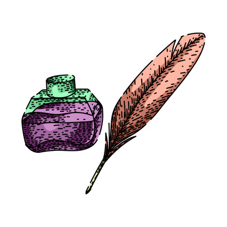 Inkwell holding purple liquid ink with a feather quill pen showing historical writing tools, symbolizing traditional communication, education, and literatureのイラスト素材