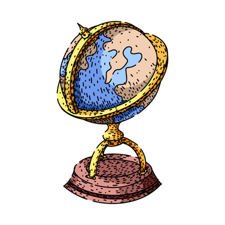 Earth globe showcasing a global map for concepts of education, geography, travel, and adventure, rendered in a classic hand drawn sketch style with a wooden baseのイラスト素材