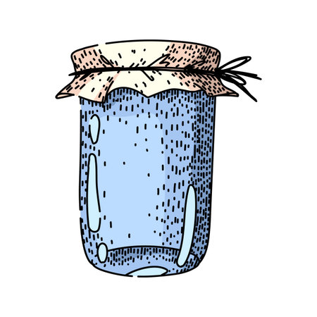 Glass jar filled with a light blue preserve, featuring a rustic fabric lid cover tied with a string, presented in a vintage hand drawn illustration styleのイラスト素材