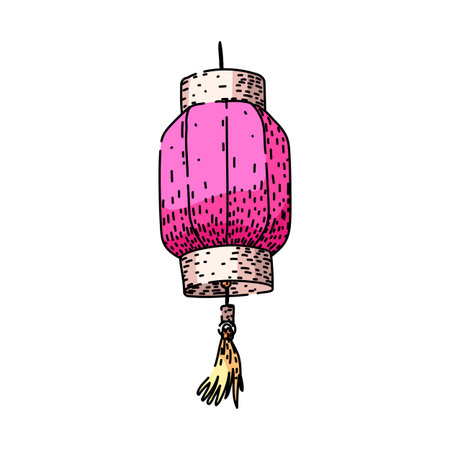 Traditional pink paper chinese lantern illustration with a yellow tassel, festive hanging decoration symbolizing Asian culture, celebrations, new year, luck and prosperityのイラスト素材