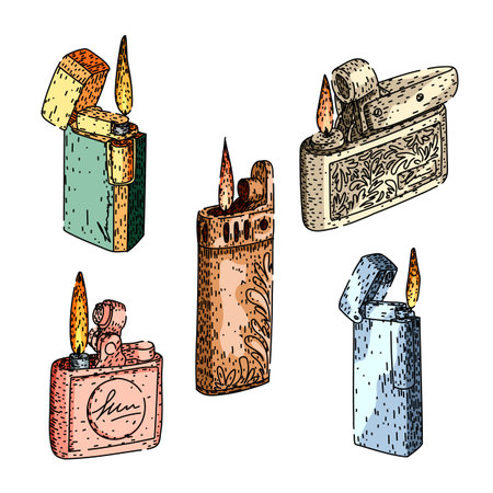 Hand drawn collection of vintage lighters showing burning flames, depicting essential accessories for fire ignition, smoking, and retro style, ideal for design elementsのイラスト素材