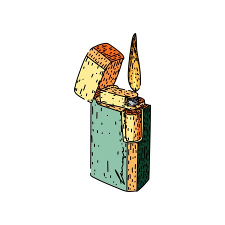 Vintage metal lighter with open lid and bright cartoon flame, hand drawn sketch style icon symbolizing ignition, heat, smoking, light, camping, or celebrationのイラスト素材