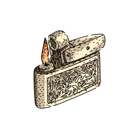 Decorative metal lighter object creating a warm flame, representing fire, ignition, and a classic style accessory for smoking, camping, or everyday utilityのイラスト素材