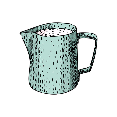 Illustrated milk jug containing white liquid, creating a graphic element representing breakfast, coffee beverages, and dairy products with a rustic, simple designのイラスト素材