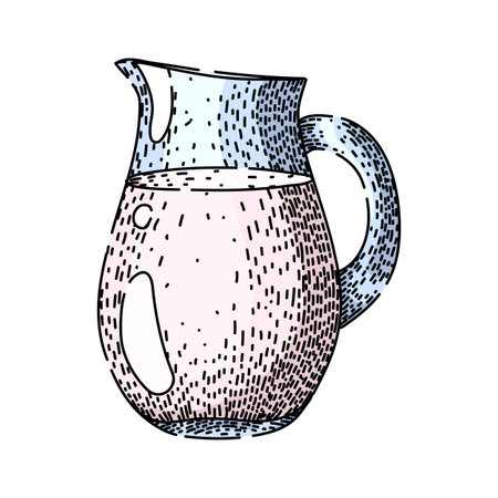 Glass pitcher of creamy milk in a colorful retro hand drawn cartoon style, isolated on white to convey fresh, wholesome, homemade dairy, breakfast and natural nutritionのイラスト素材