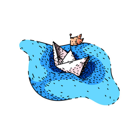 White paper boat with an orange flag sailing on blue water, symbolizing journey, adventure, new beginnings, hope and determination on a simple hand drawn seascapeのイラスト素材
