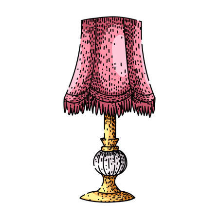 Antique table lamp illustration depicting an ornate golden base and a decorative pink fringed lampshade, creating a vintage and elegant lighting concept for interior designのイラスト素材