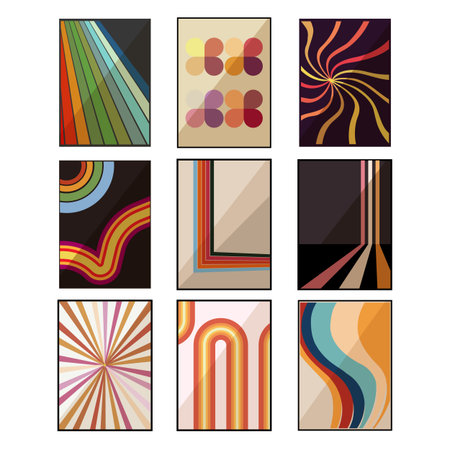 Set of nine vintage posters featuring diverse abstract aesthetic patterns, including stripes, waves, sunbursts, and geometric shapes, representing decorative graphic design from the 1970s eraのイラスト素材