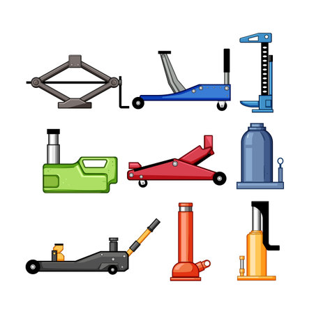 Various types of car jacks, including scissor, floor, and bottle jacks, presenting essential tools for automotive repair, vehicle servicing, and lifting operations in garages or workshopsのイラスト素材