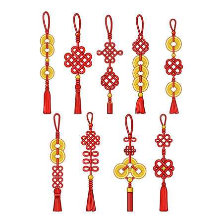 Red lucky knots with golden coins and tassels forming a diverse collection, symbolizing prosperity, happiness, and oriental cultural traditions for spring festival and new year celebrationsのイラスト素材